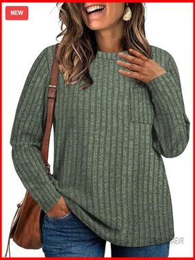 Plus Size Tunic Tops Long Sleeve Crew Neck Striped Knit Sweaters with Pocket